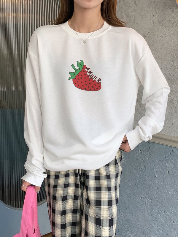 Strawberry & Letter Graphic Drop Shoulder Pullover