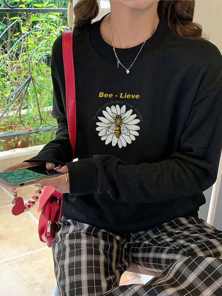 Letter Graphic Drop Shoulder Pullover - Black - View 3