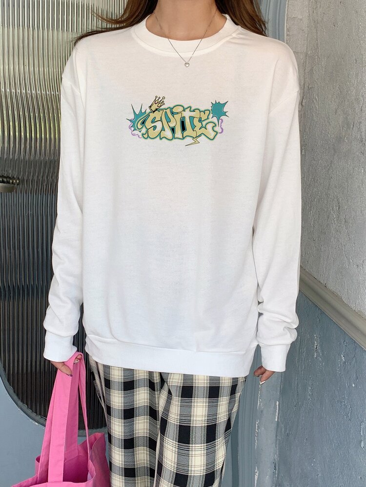 Letter Graphic Drop Shoulder Pullover - White - View 3