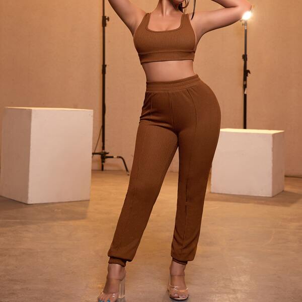 

Crop Ribbed Knit Tank Top & Seam Detail Sweatpants, Brown