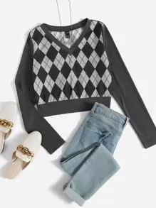 SHEIN Qutie Áo thun Hình học Giải trí - Màu xám đen - Xem 1