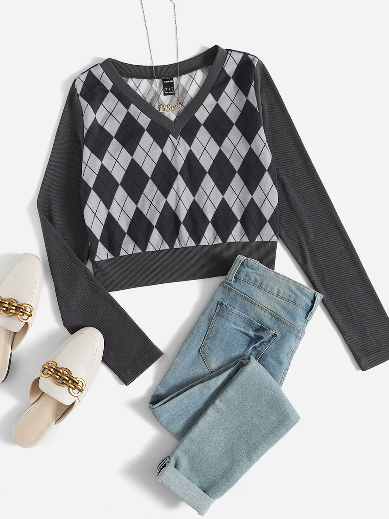 SHEIN Qutie Áo thun Hình học Giải trí - Màu xám đen - Xem 1