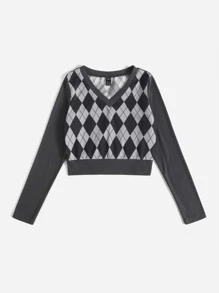 SHEIN Qutie Áo thun Hình học Giải trí - Màu xám đen - Xem 5