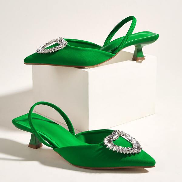 

Rhinestone Decor Point Toe Slingback Heels, Green