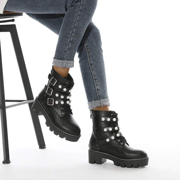 

Buckle Detail Faux Pearl Decor Combat Boots, Black