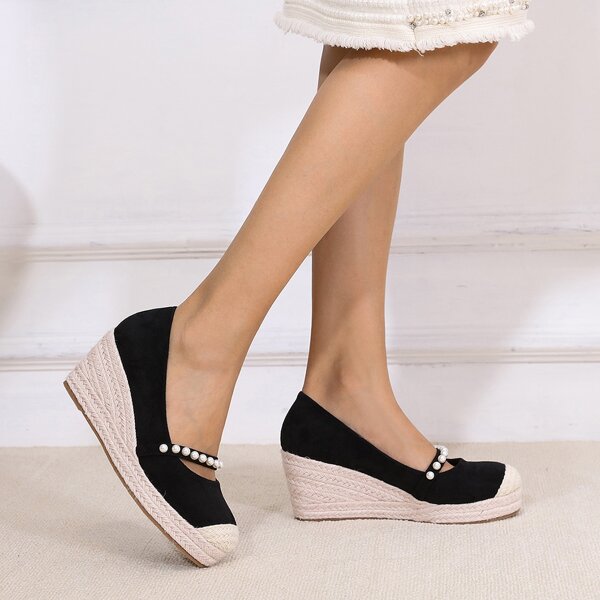 

Faux Pearl Decor Wedge Court Shoes, Black