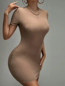 SHEIN SXY 素色螺紋針織緊身洋裝 - 摩卡棕 - 查看 1