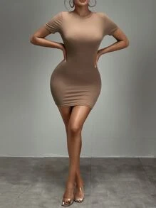 SHEIN SXY 素色螺紋針織緊身洋裝 - 摩卡棕 - 查看 3