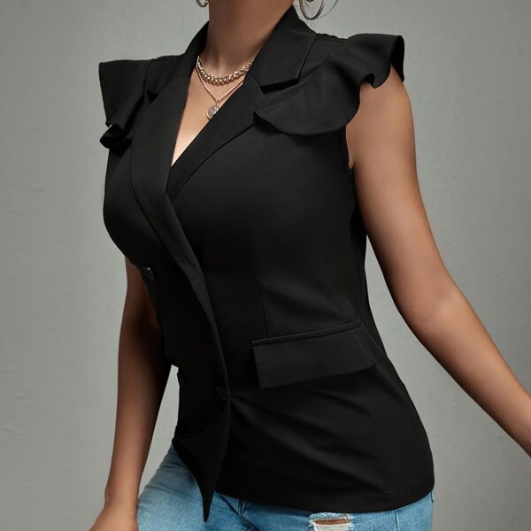 

Ruffle Trim Double Breasted Blazer Vest, Black