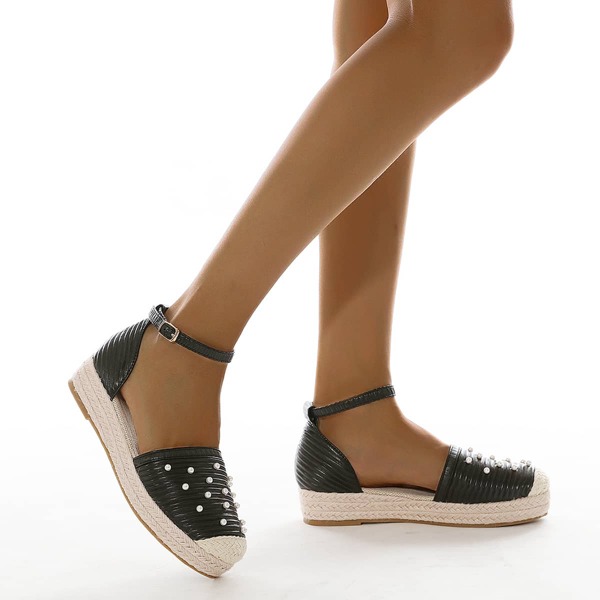

Faux Pearl Decor Canvas Espadrille Shoes, Black