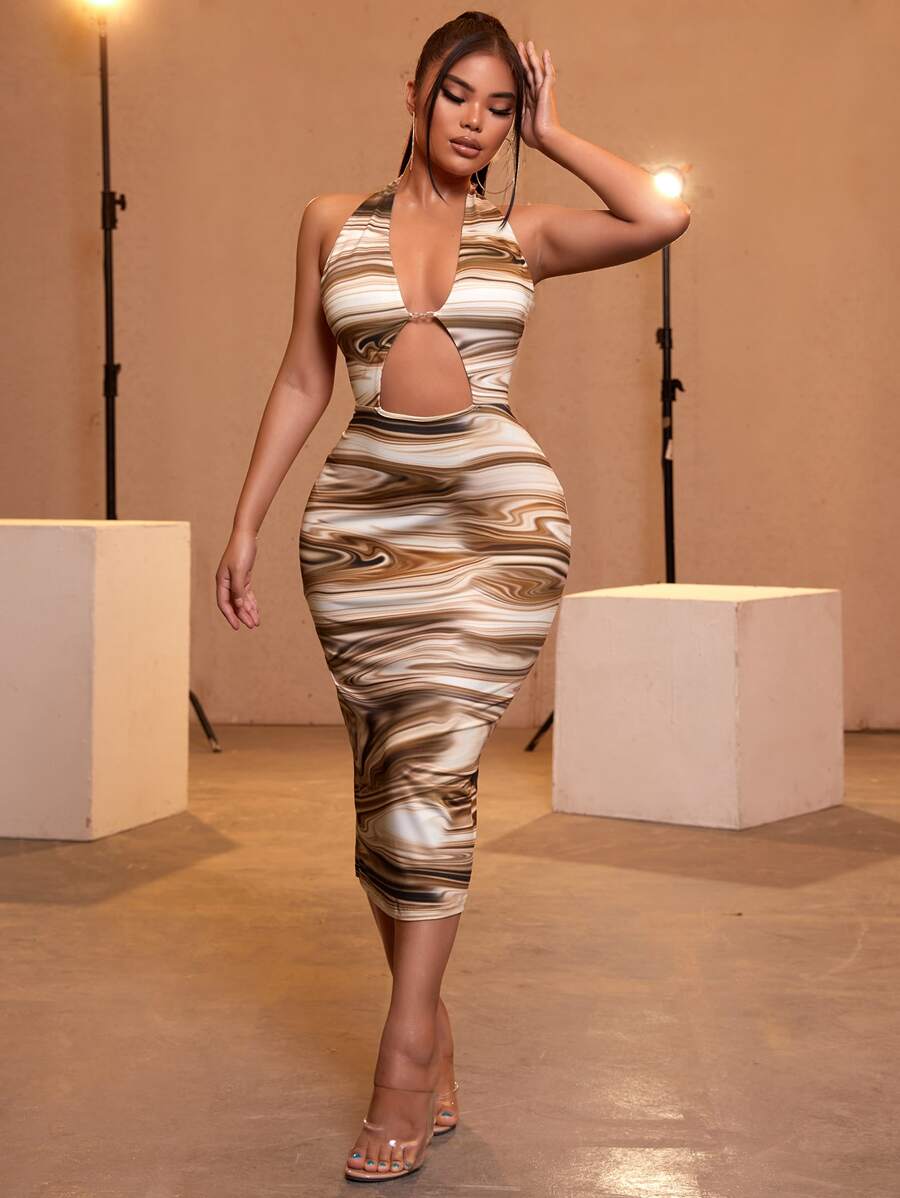 SHEIN SXY Marble Print Halter Peekaboo Front Backless Bodycon Dress - Multicolor - View 1