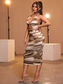 SHEIN SXY Marble Print Halter Peekaboo Front Backless Bodycon Dress - Multicolor - View 5