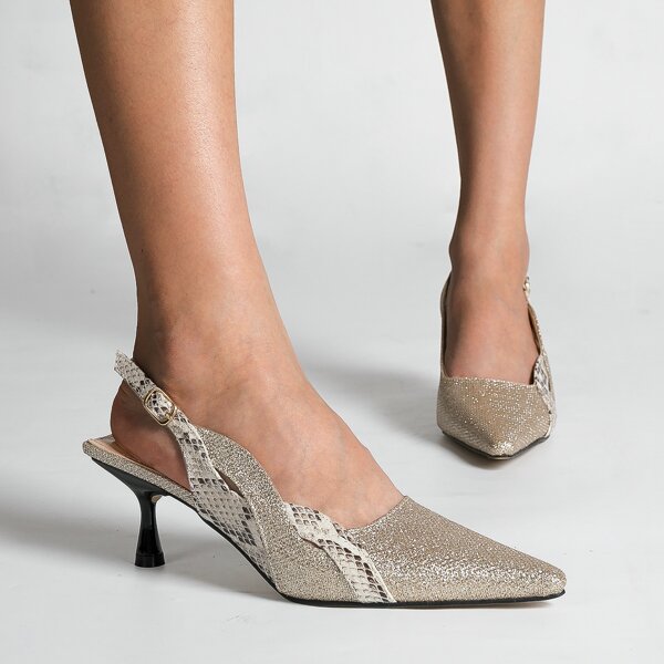 

Остроконечные блестящие туфли-лодочки со змеиным принтом, Золотистый