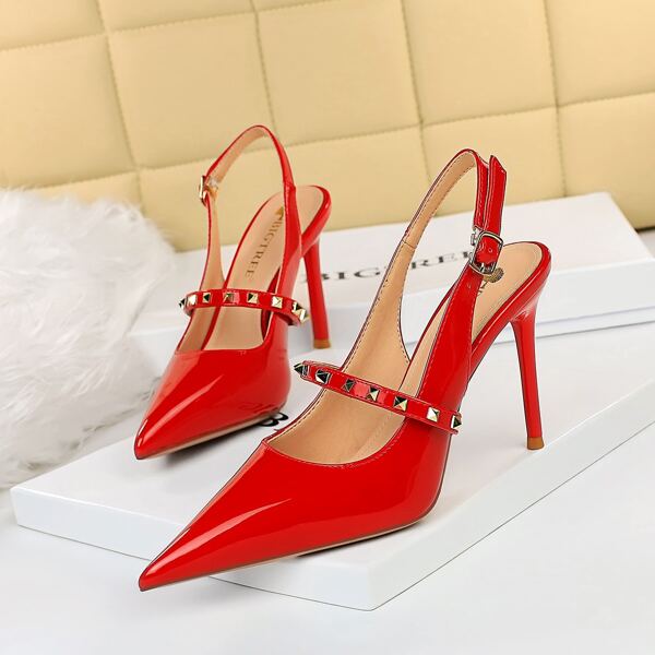 

Minimalist Studded Decor Stiletto Heeled Slingback Pumps, Red