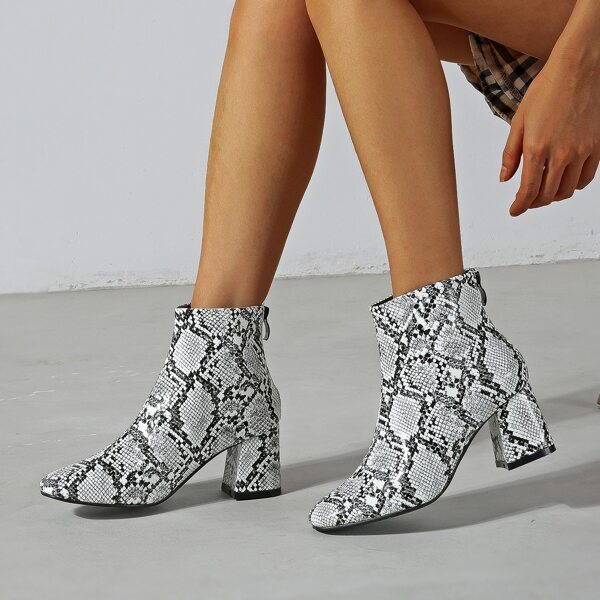 

Snakeskin Print Backpack Zipper Chunky Boots, Black and white