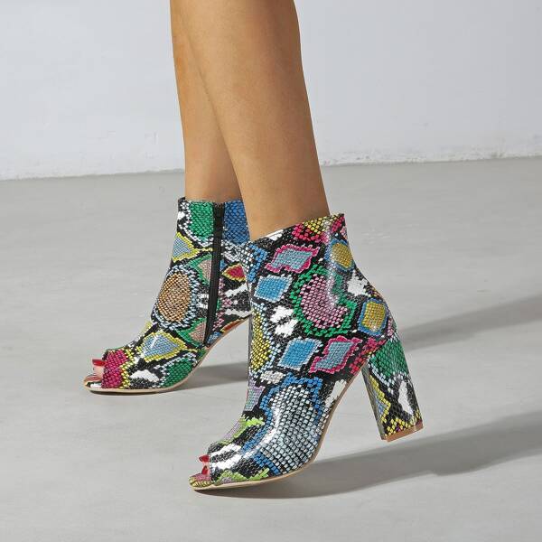 

Snakeskin Print Peep Toe Side Zipper Chunky Boots, Multicolor