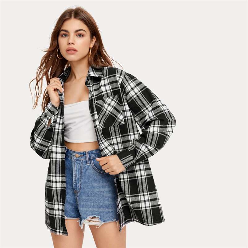 

Plaid Button Front Pocket Blouse, Black and white