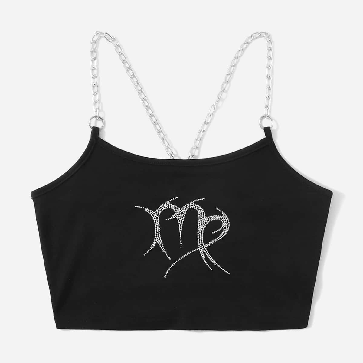 

Graphic Rhinestone Chain Crop Cami, Black