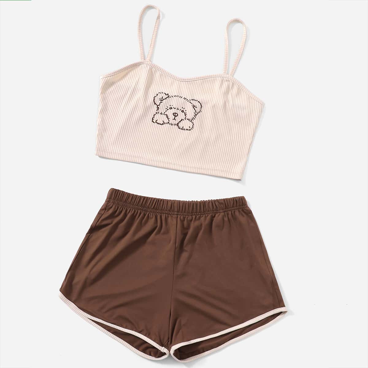 

Cartoon Bear Graphic Crop Cami & Contrast Binding Dolphin Shorts, Multicolor