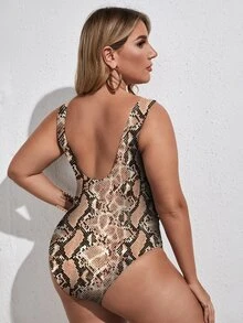 Plus Snakeskin Print Cut-Out One Piece Swimsuit, For Summer Beach Vacation - Multicolor - View 3