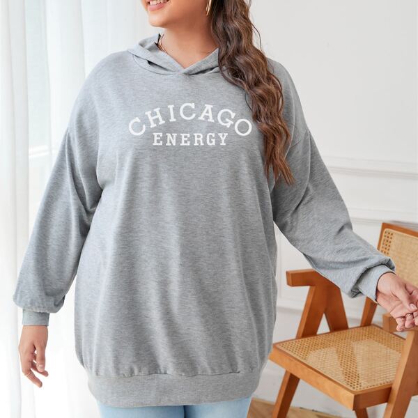 

Plus Letter Graphic Longline Hoodie, Light grey
