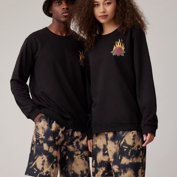 

Unisex 1pc Letter Floral Graphic Sweatshirt, Black
