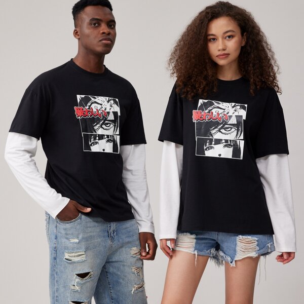 

Unisex 1pc 2 In 1 Cartoon Figure Graphic Tee, Black and white