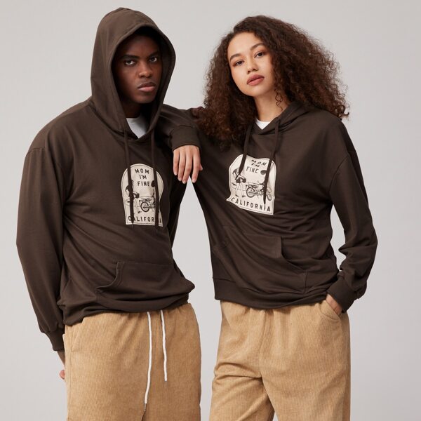 

Unisex 1pc Letter Figure Graphic Kangaroo Pocket Drawstring Hoodie, Chocolate brown