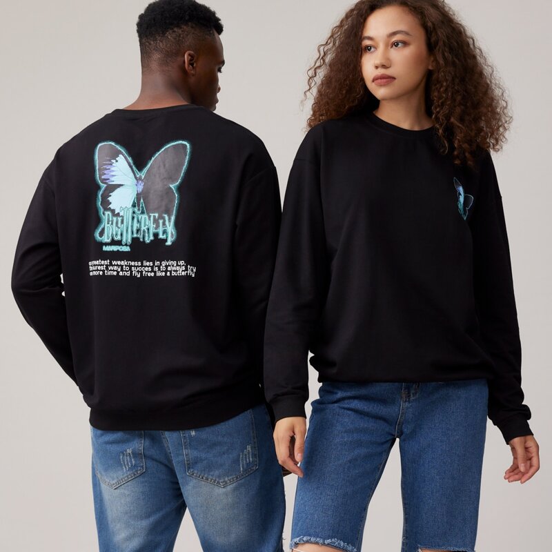 

Unisex 1pc Letter Butterfly Graphic Sweatshirt, Black