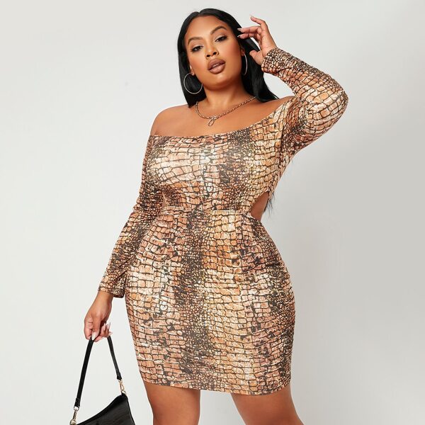 

Plus Croc Print Off Shoulder Cut Out Bodycon Dress, Multicolor