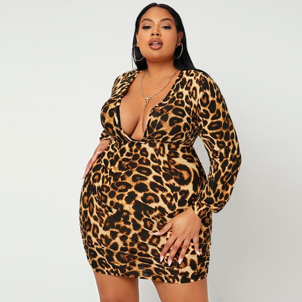 

Plus Leopard Print Deep V Neck Bodycon Dress, Multicolor