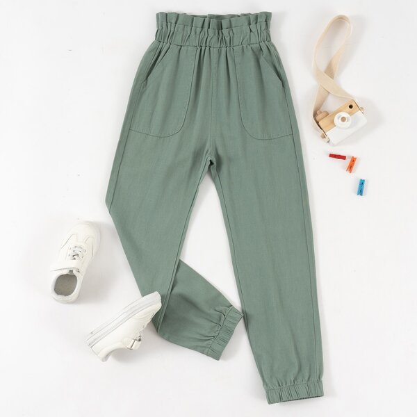 

Girls Paperbag Waist Slant Pocket Pants, Green