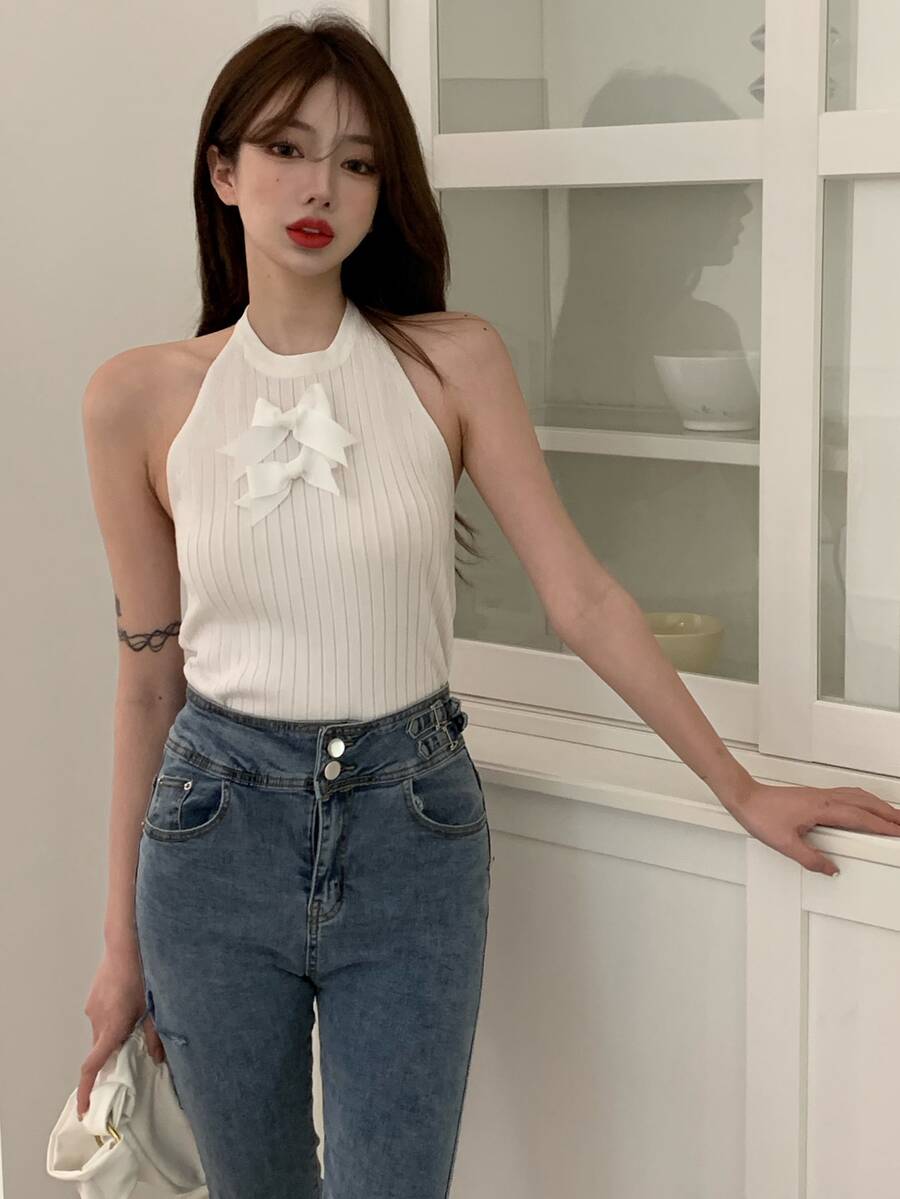 Ribbon Bow Front Halter Knit Top - White - View 1