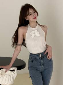 Ribbon Bow Front Halter Knit Top - White - View 2