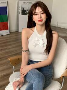 Ribbon Bow Front Halter Knit Top - White - View 3