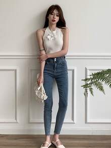 Ribbon Bow Front Halter Knit Top - White - View 4