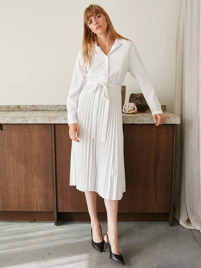 PLEATED FLOWY SHIRT DRESSMotf