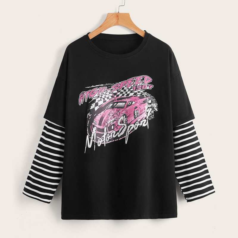 

2 In 1 Striped Sleeve Drop Shoulder Oversized Tee, Black