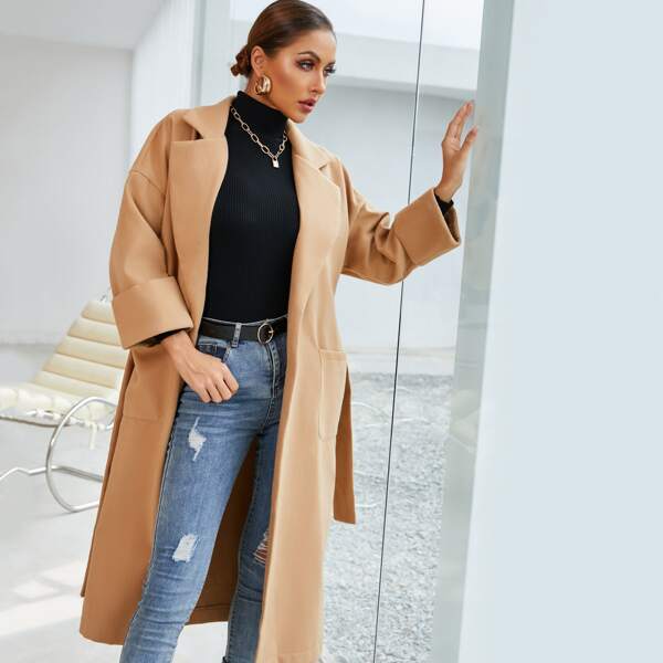 

Dual Pocket Lapel Neck Belted Overcoat, Camel