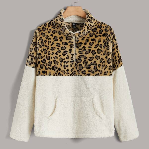 

Plus Leopard Print Half Zip Kangaroo Pocket Teddy Sweatshirt, Multicolor