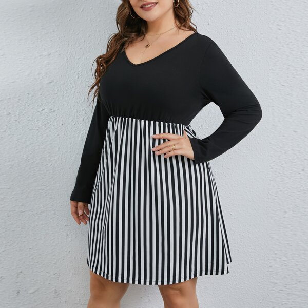 

Plus V-neck Striped Hem Dress, Black and white