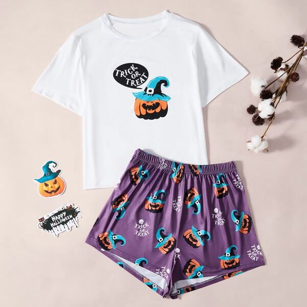 

Slogan And Halloween Pumpkin Print Lounge Set, Multicolor