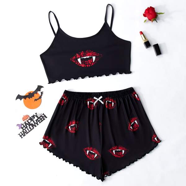 

Halloween Lip Print Lettuce Trim PJ Set, Multicolor