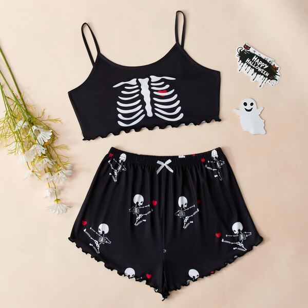

Heart And Skeleton Print Lettuce Trim PJ Set, Black