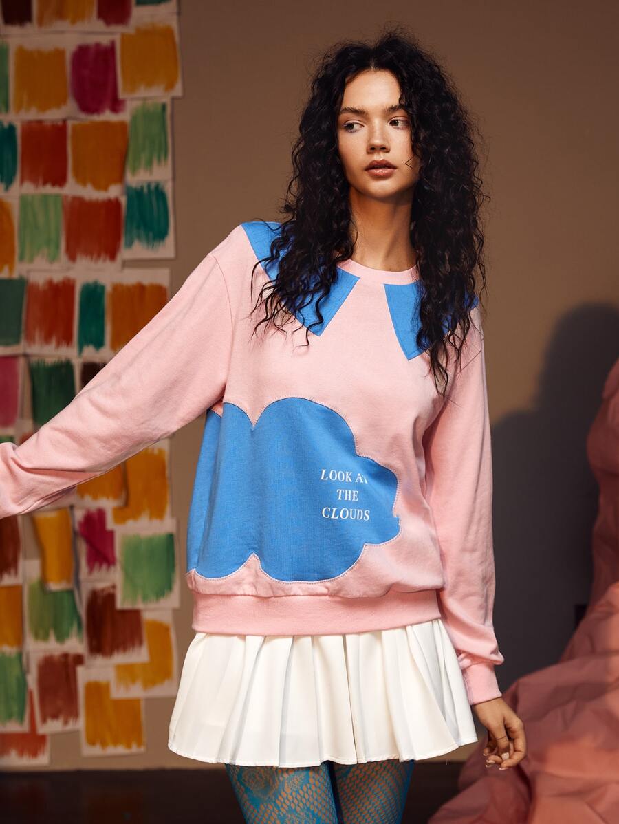 CLOUD BY CLAU Slogan Graphic Colorblock Round Neck Pullover - Multicolor - View 1