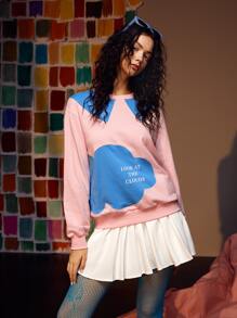 CLOUD BY CLAU Slogan Graphic Colorblock Round Neck Pullover - Multicolor - View 3