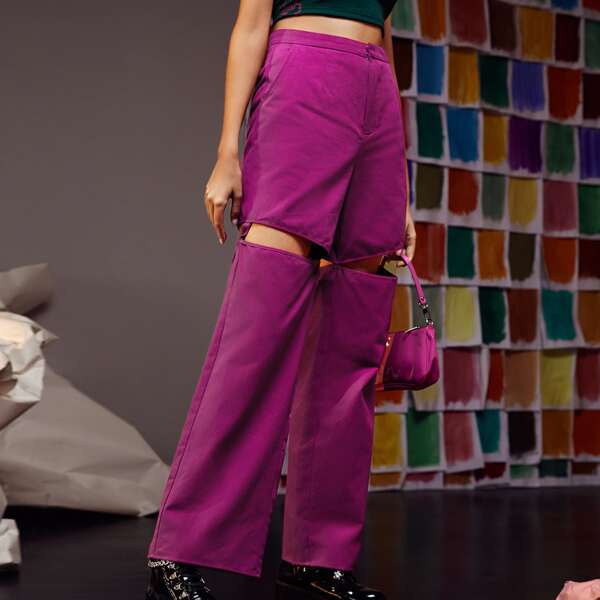 

High Waist Cut Out Wide Leg Pants, Red violet