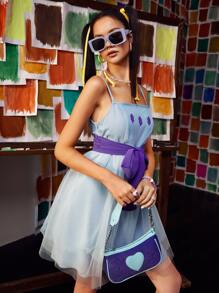 CLOUD BY CLAU 雲朵圖案網紗喇叭下擺腰帶吊帶連衣裙 - 淺藍色 - 查看 3