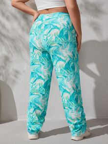 Pantalones con estampado de mármol de talle alto bajo con fruncido - Multicolor - Ver 2