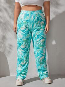 Pantalones con estampado de mármol de talle alto bajo con fruncido - Multicolor - Ver 3